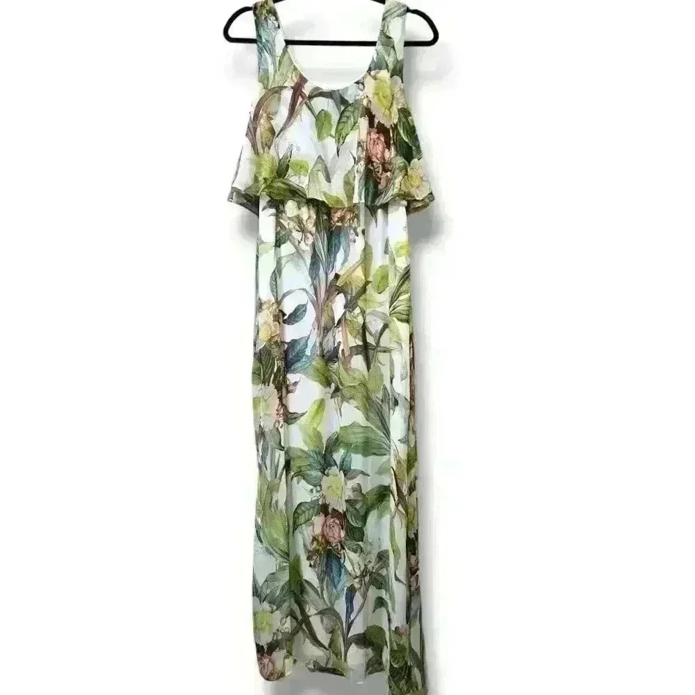 Adrianna Papell Sleeveless Maxi Chiffon Dress Tropical Green Print Size 8   #004